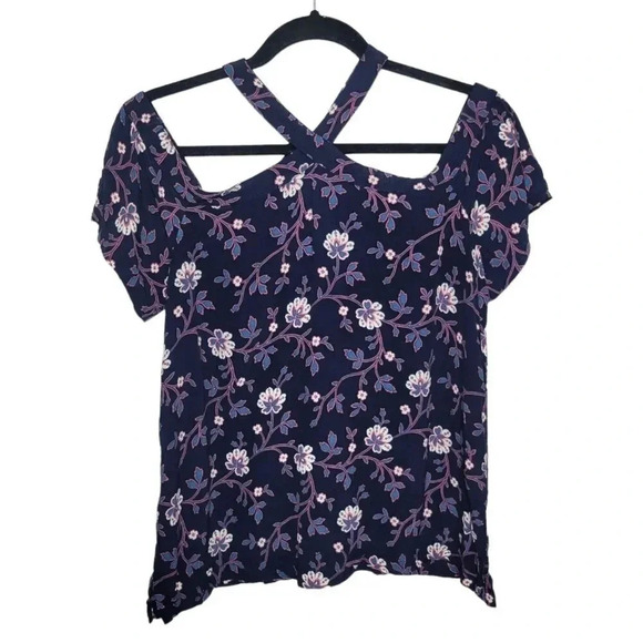 LOFT Cold Shoulder Top Navy‎ Blue Floral  Short Sleeve Choker Collar - Picture 1 of 7